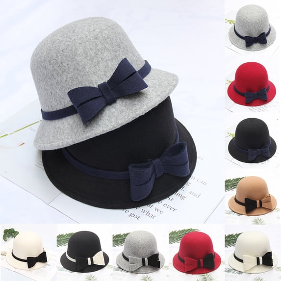 Summer Sales Under $5 Church Hats for Women GIJNRIUIUA Women Felt Beret Hat with Pearl Detail Elegant Winter Hat Autumn and Winter Bow Knot Round Top Casual Fisherman's Basin Cap Small Bowler Hat
