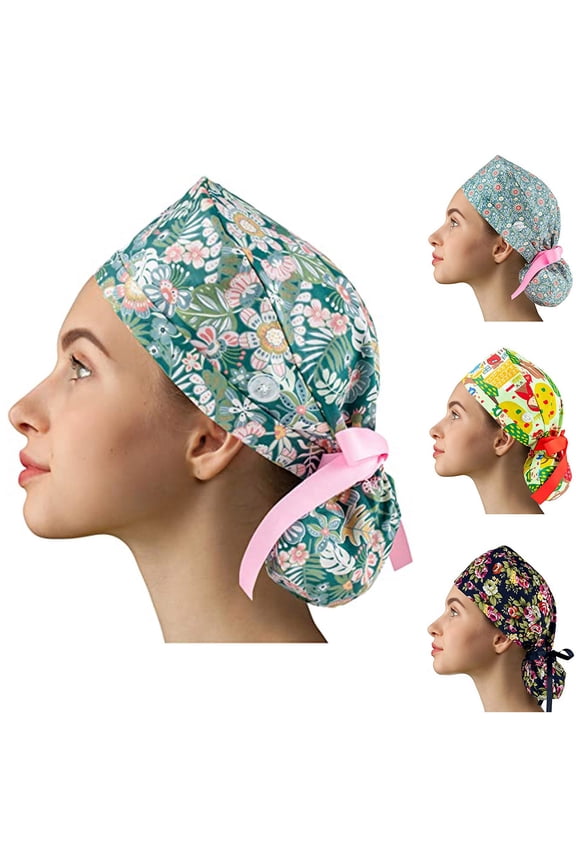 Summer Sales Under $5 Multicolor GIJNRIUIUA Ponytail Scrub Caps Surgical Hat with Buttons for Long Hair Ribbon Tie Back Adjustable Floral Cartoon Print Nurse Doctor Medical Cap for Women