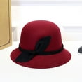 thumbnail image 1 of Summer Sales Under $5 Wine Red Cloche Hat GIJNRIUIUA Women Vintage Cloche Hat Solid Side Bow Decor Short Curved Brim Felt Bucket Cap Elegant Fall Winter Warm Dress Hat Fishing Cap, 1 of 2
