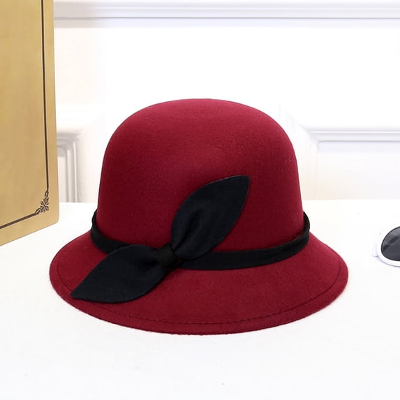 Summer Sales Under $5 Wine Red Cloche Hat GIJNRIUIUA Women Vintage Cloche Hat Solid Side Bow Decor Short Curved Brim Felt Bucket Cap Elegant Fall Winter Warm Dress Hat Fishing Cap