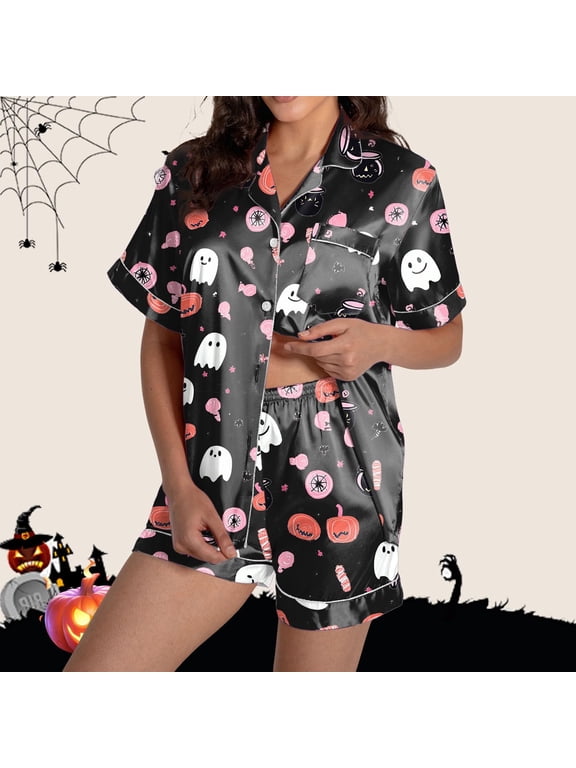 Summer Sales Under $8 CNJKEHIUV Halloween Pajamas Women Casual Short Sleeve Button Down Tops and Shorts Comfort Soft Halloween Pajama Sets Sleepwear Black M