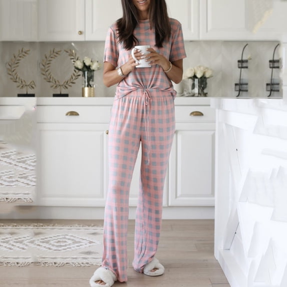 Summer Sales CNJKEHIUV Under $11 Women Printed Sleepwear Round Neck Short Sleeve Tops with Long Pants Pajama Set Red M