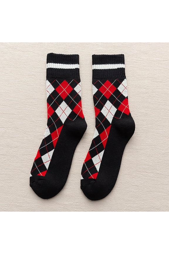 Summer Sales CNJKEHIUV Under $4 Men's Winter Diamond Argyle Terry Socks, Thick Warm Mid Calf Cushioned Crew Socks Black One Size 1 Pair