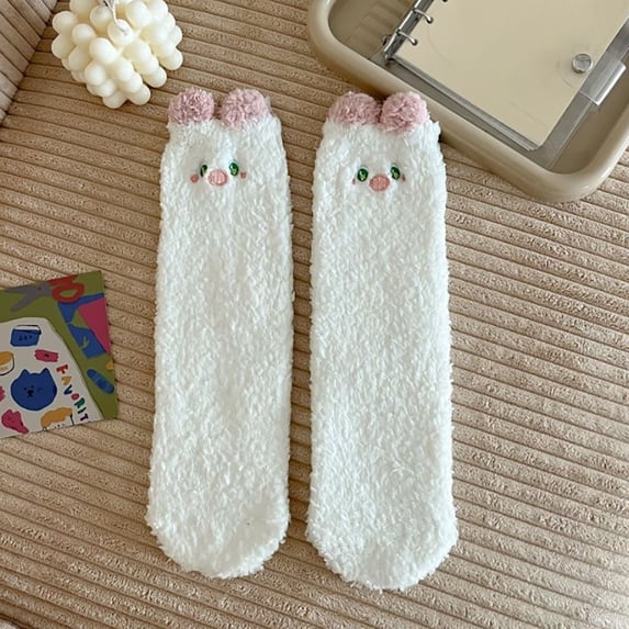 Summer Sales CNJKEHIUV Under $4 Women's 3D Ear Animal Fuzzy Socks, Fluffy Warm Winter Crew Socks Cute Holiday Gift White A 1 Pair