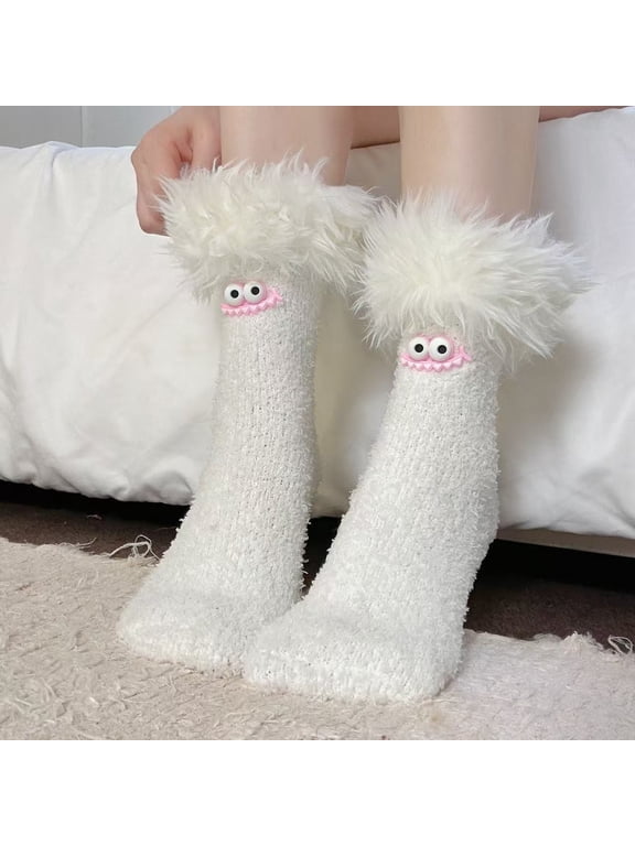 Summer Sales CNJKEHIUV Under $4 Women's Wide Opening Coral Fleece Socks, Fleece Lined Thick Warm Cozy Sleep Home Socks White One Size 1 Pair