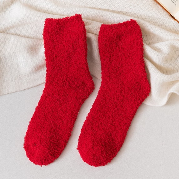 Summer Sales CNJKEHIUV Under $5 Women's Thick Warm Coral Fleece Floor Socks, Solid Color Cozy Plush House Crew Socks B One Size 1 Pair