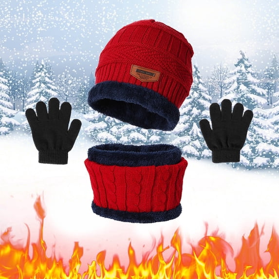 Summer Sales Under $5 Red Knit Winter Beanie Glove Set GIJNRIUIUA Boys and Scarf Hat Three Girls Knit Windproof Warm Thicken Cap Gloves Winter Hats
