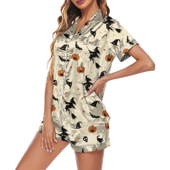 Summer Sales Womens Pajama Sets Cute Print Short Sleeve Button Waist Loungewear Halloween Pajama Sets for Women 2 Piece
