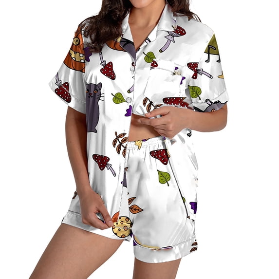 Summer Sales Womens Pajama Sets Funny Pumpkin Print Short Sleeve Button Top Loungewear Halloween Pajama Sets for Women 2 Piece