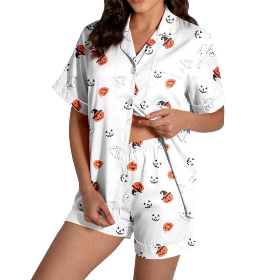 Summer Sales Womens Pajama Sets Funny Pumpkin Print Short Sleeve Button Top Loungewear Halloween Pajama Sets for Women 2 Piece