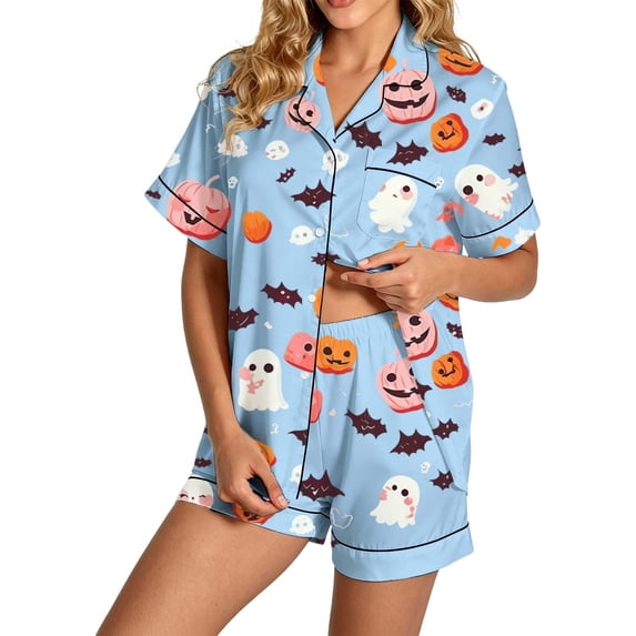 Summer Sales Womens Pajama Sets Satin Fall Pumpkin Print Short Sleeve Button Loungewear Halloween Pajama Sets for Women 2 Piece