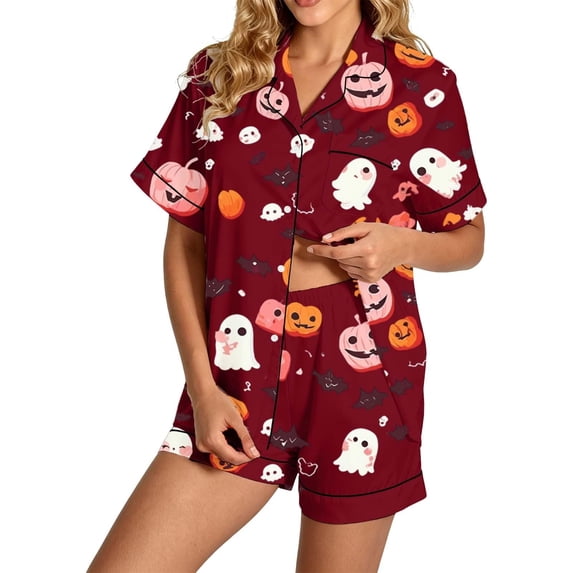 Summer Sales Womens Pajama Sets Satin Fall Pumpkin Print Short Sleeve Button Loungewear Halloween Pajama Sets for Women 2 Piece