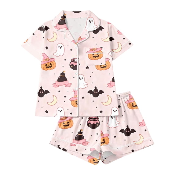 Summer Sales Womens Pajama Sets Satin Funny Pumpkin Print Fall Matching Loungewear Halloween Pajama Sets for Women 2 Piece