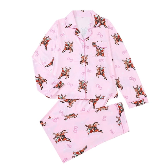 Summer Sales Womens Pajama Sets Satin Holiday Graphic Button Up Loungewear Christmas Pajama Sets for Women 2 Piece