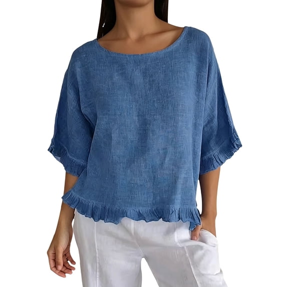 Summer Sales Womens Summer Tops Cute Lightweight Cotton‑Linen 3/4 Sleeve Summer Casual Blouse Oversized Tshirts for Women Under 12$
