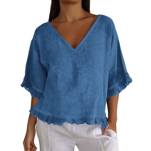 Summer Sales Womens Summer Tops Cute Lightweight Cotton‑Linen 3/4 Sleeve Summer Casual Blouse Oversized Tshirts for Women Under 12$