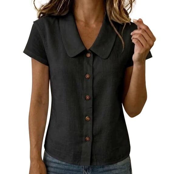 Summer Sales Womens Summer Tops Going‑Out Button‑Down Short Sleeve Loose‑Fit Casual Blouse Shirts for Women