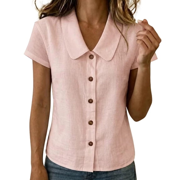 Summer Sales Womens Summer Tops Going‑Out Button‑Down Short Sleeve Loose‑Fit Casual Blouse Shirts for Women