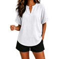thumbnail image 1 of Summer Sales Womens Summer Tops Loose Comfy V‑Neck Linen‑Cotton Short Sleeve Summer Blouses Oversized Tshirts for Women Under 12$, 1 of 9