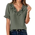 thumbnail image 1 of Summer Sales Womens Summer Tops Work‑Style Ruffled V‑Neck Pleated Short Sleeve Loose‑Fit Blouse Oversized Tshirts for Women Under 12$, 1 of 8