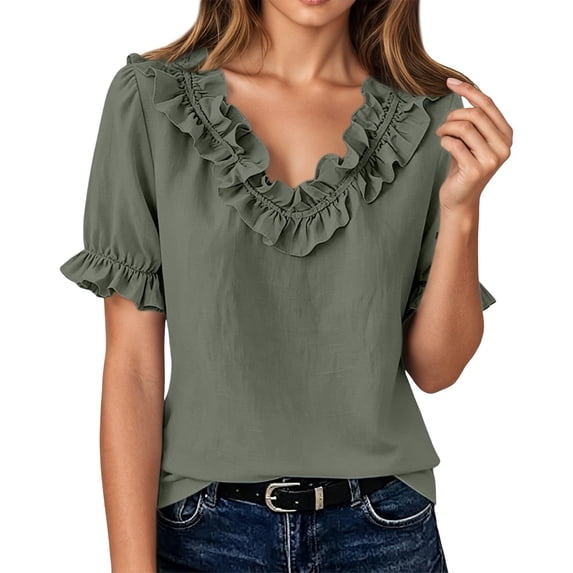 Summer Sales Womens Summer Tops Work‑Style Ruffled V‑Neck Pleated Short Sleeve Loose‑Fit Blouse Oversized Tshirts for Women Under 12$