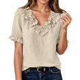 thumbnail image 1 of Summer Sales Womens Summer Tops Work‑Style Ruffled V‑Neck Pleated Short Sleeve Loose‑Fit Blouse Oversized Tshirts for Women Under 12$, 1 of 8