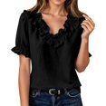 thumbnail image 1 of Summer Sales Womens Summer Tops Work‑Style Ruffled V‑Neck Pleated Short Sleeve Loose‑Fit Blouse Oversized Tshirts for Women Under 12$, 1 of 8