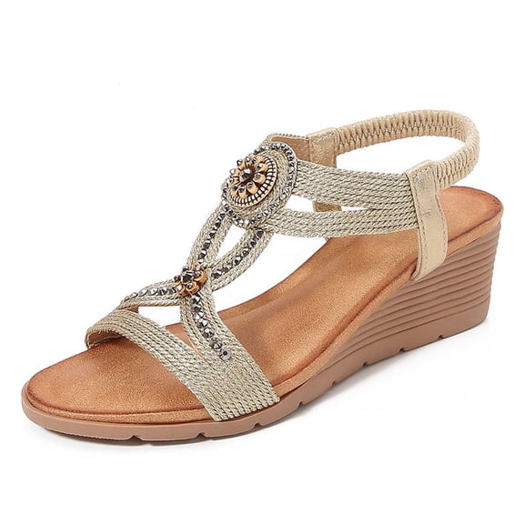 Summer Sandals Clearance Sale Sandals Women Bohemian Fashion Platform Sandals for with Rhinestone Embellishments Comfortable High Heel Summer Beach Shoes Gold 8.5