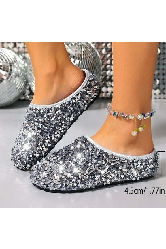Summer Sandals Clearance, Xunlbb Women's Fashion Casual Spring And Summer New Beach Versatile Sequined Round Toe Flat Slippers(Silver,Size:41)