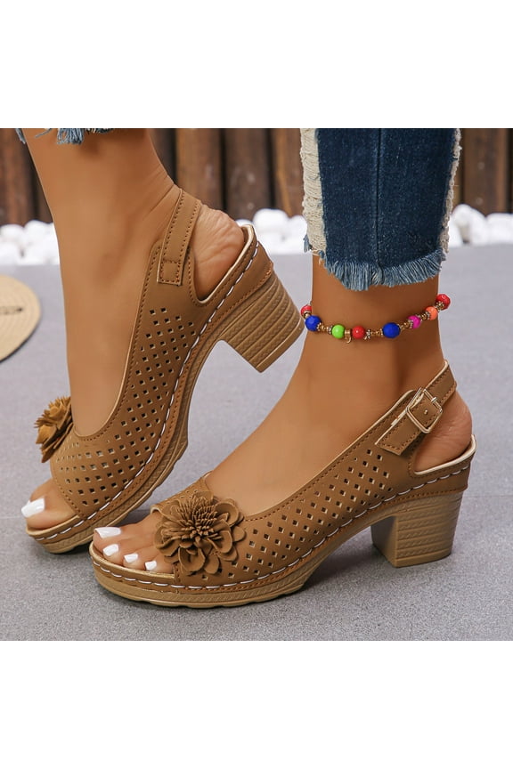 Summer Sandals For Women 2025 Open Toe Ankle Buckle Heel Cut Out Sandals Casual Solid Color Hollow Out Floral Sandal Dressy Wedding Dance Shoes