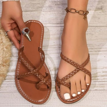Summer Sandals For Women Boho Flat Heel Open Toe Slip-on Slippers Slides Flats Flip Flops Women's Trendy Casual Shoes for Beach Fashion 9.5