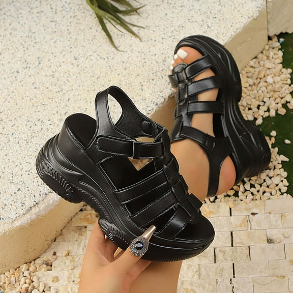 Summer Sandals For Women Boho Gladiator Wedge Flatform Open Toe Ankle Straps Shoes Women Dressy Comfortable Summer Casual Beach Sandals Black 37