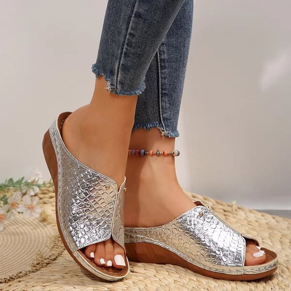 Summer Sandals For Women Wedge Heel Open Toe Slip-on Peep Toe Solid Color High Heel Slides Sandals Slippers Women Casual Daily Beach ShoesSilver 37