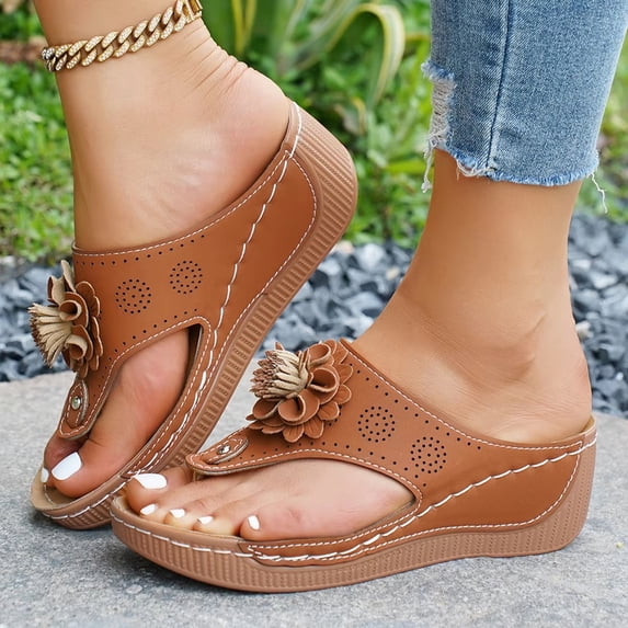 Summer Sandals,Orthopedic Sandals for Women,Womens Flip Flops,Womens Sandals Wedge Shoes: Summer Dressy Woman Platform Flip Flops Comfortable Casual Dress Wedding Wedges Footwear Ladies,Brown,7.5