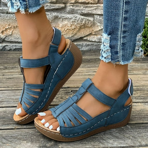 Summer Sandals for Women with Arch Support Boho Open Toe Slip-On Casual Wedge Thick Heel Sandals Slippers for Women Beach Vacation Holiday Daily Fashion Blue 10.5