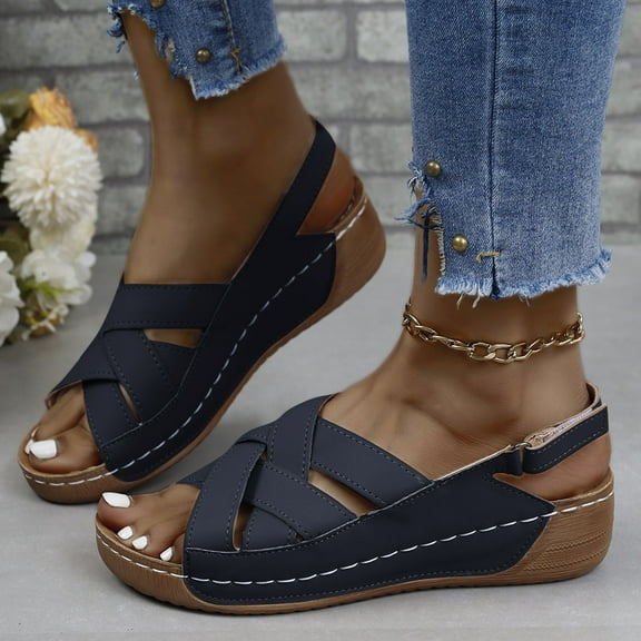 Summer Sandals for Women with Arch Support Casual Daily Open Toe Slip-On Wedge Sandals Slippers with Buckle for Women Beach Vacation Holiday Vintage Fashion Black 6