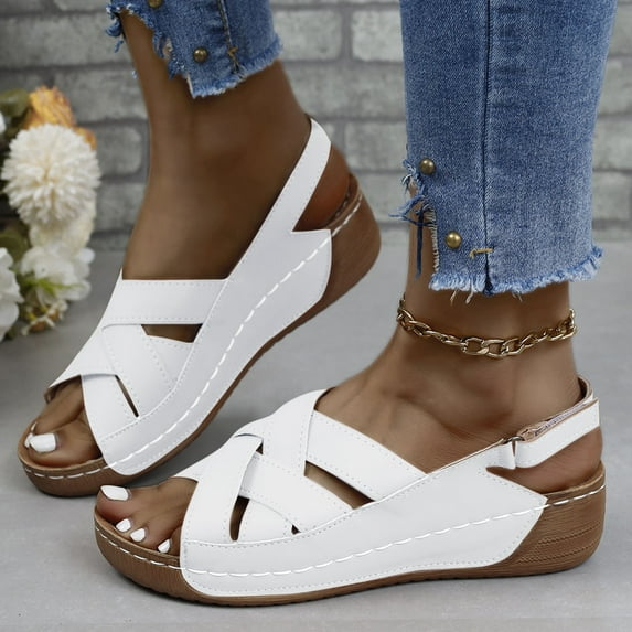 Summer Sandals for Women with Arch Support Casual Daily Open Toe Slip-On Wedge Sandals Slippers with Buckle for Women Beach Vacation Holiday Vintage Fashion White 8