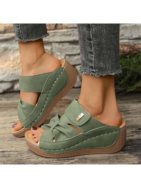 Summer Sandals for Women with Arch Support Solid Color Open Toe Slip-On Comfortable Wedge Thick-Soled Sandals for Women Beach Vacation Holiday Vintage Fashion Army Green 6