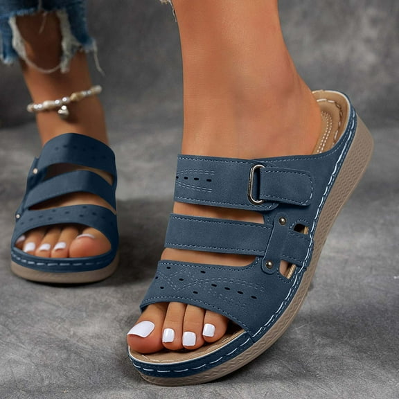 Summer Sandals Women Arch Support Wedge Open Toe Slip-on Peep Toe Slides Slippers for Women Casual Outdoor Beach Vacation Holiday Fashion Blue 36