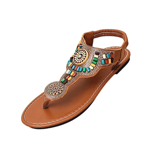 Summer Sandals for Women Bohemian Footbed Casual Open Toe Slip-On Comfortable Adjustable Ankle Strap Flat Beach Slippers Flip Flops for Vacation Holiday Brown