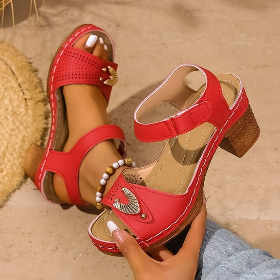 Summer Sandals Women Chunky Heel Open Toe Ankle Straps Solid Color High Heel Shoes for Women Casual Outdoor Beach Vacation Holiday Fashion Red 42