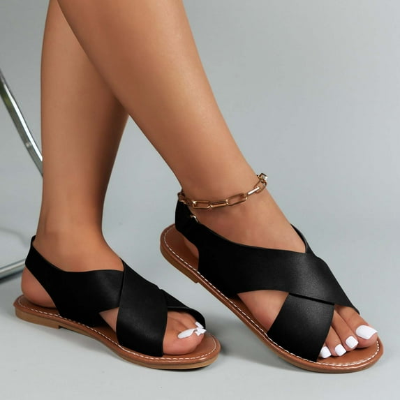 Summer Sandals Women Flat Heel Open Toe Ankle Straps Solid Color High Heel Shoes Women Sport Comfortable Summer Casual Sandals Black 38