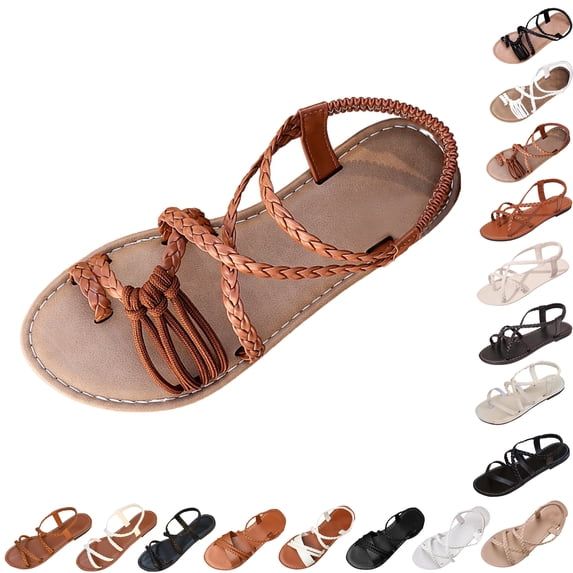 Summer Sandals for Women Footbed Solid Color Open Toe Slip-On Comfortable Elastic Strap Flat Slippers Sandals for Women Beach Vacation Holiday Vintage Fashion