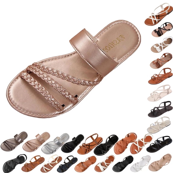 Summer Sandals for Women Footbed Solid Color Open Toe Slip-On Comfortable Elastic Strap Flat Slippers Sandals for Women Beach Vacation Holiday Vintage Fashion