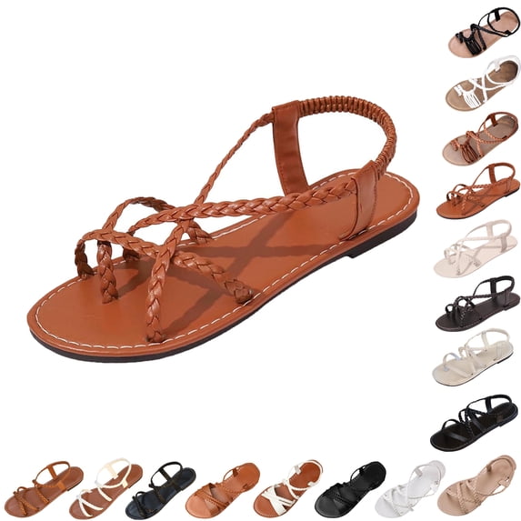 Summer Sandals for Women Footbed Solid Color Open Toe Slip-On Comfortable Elastic Strap Flat Slippers Sandals for Women Beach Vacation Holiday Vintage Fashion