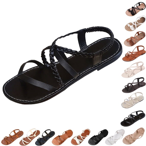 Summer Sandals for Women Footbed Solid Color Open Toe Slip-On Comfortable Elastic Strap Flat Slippers Sandals for Women Beach Vacation Holiday Vintage Fashion