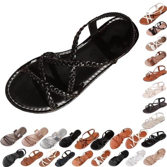 Summer Sandals for Women Footbed Solid Color Open Toe Slip-On Comfortable Elastic Strap Flat Slippers Sandals for Women Beach Vacation Holiday Vintage Fashion