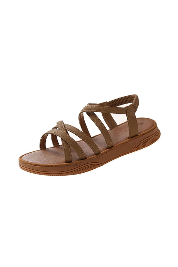 Summer Sandals for Women Oofos On Sale Womens Sandals Dressy Women's Fashion Casual Spring And Summer Beach Solid Color Strap Round Toe Open Toe Rear Elastic Strap Flat Sandals Brown