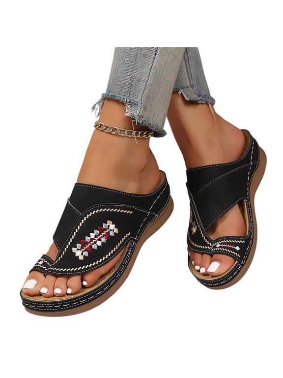 Summer Sandals,Women Orthopedic Wedge Sandals Leather Ankle Strap Embroidery Arch Support Open Toe Platform Solid Color Summer Dress Comfort Beach Fashion Non Slip Walking Casual Shoes,Black,6.5