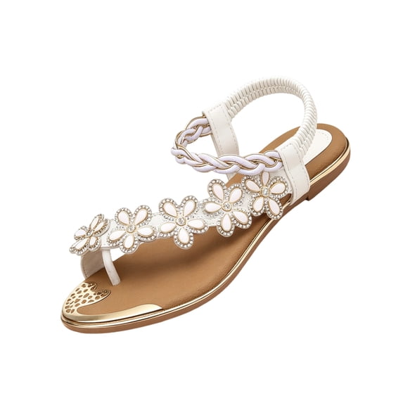 Summer Sandals for Women 2026 Trendy Bohemian Beaded Rhinestone Ankle Strap Dressy Wedding Shoes Comfort Beach Flat Sandals, 41